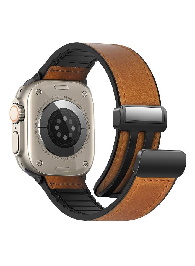 Genuine Leather Magnetic Buckle Watch Band for Apple Watch Ultra/Series 49mm, 45mm, 44mm, 42mm, Classic Brown Strap