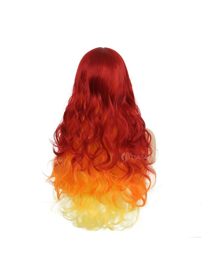Tseses Orange and Yellow Mix Red Long Curly Wavy Women Wigs Ombre Orange Color Synthetic Wig for Women Costume Party Halloween Cosplay Wigs - Image 4