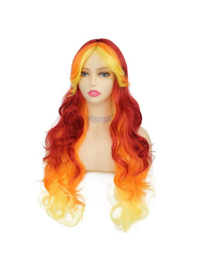 Tseses Orange and Yellow Mix Red Long Curly Wavy Women Wigs Ombre Orange Color Synthetic Wig for Women Costume Party Halloween Cosplay Wigs - Image 1