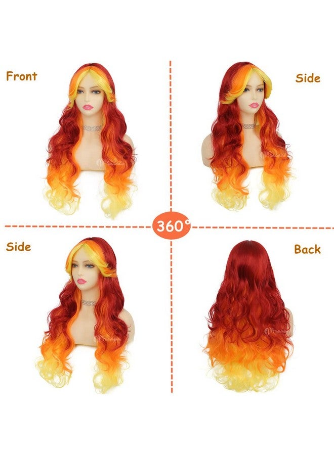 Tseses Orange and Yellow Mix Red Long Curly Wavy Women Wigs Ombre Orange Color Synthetic Wig for Women Costume Party Halloween Cosplay Wigs - Image 2