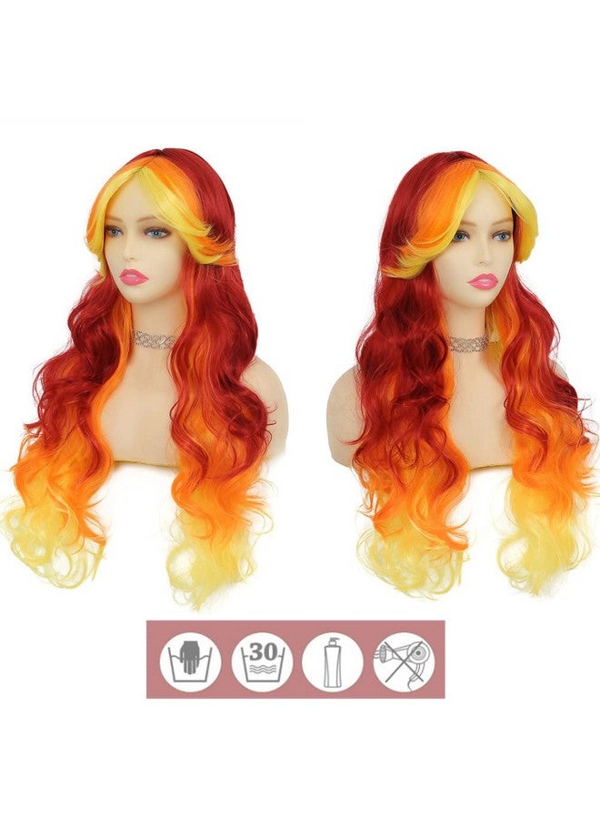 Tseses Orange and Yellow Mix Red Long Curly Wavy Women Wigs Ombre Orange Color Synthetic Wig for Women Costume Party Halloween Cosplay Wigs - Image 3