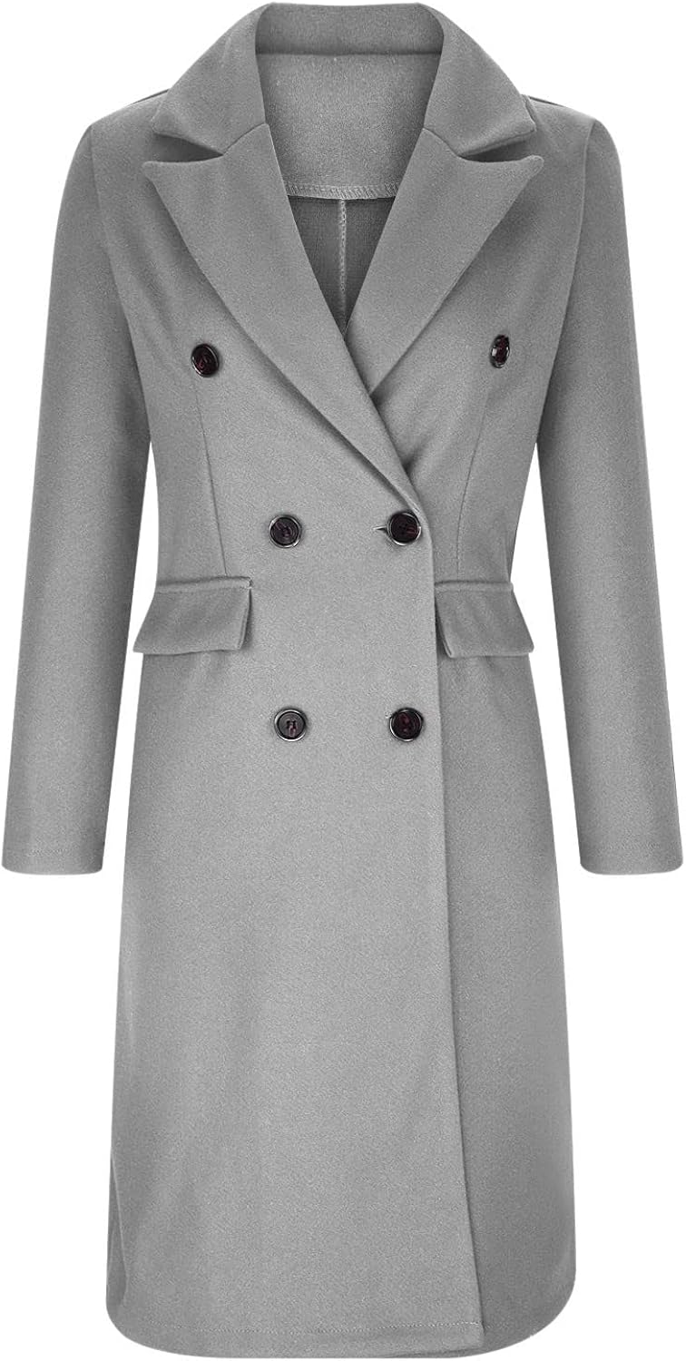 woobles Women's Faux Wool Notch Lapel Double Breasted Trench Belted Mid Long Outwear Winter Coat Slim Long Pea Coat Overcoat XX-Large 001-gray - Image 2