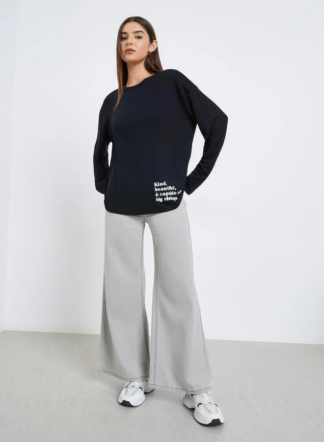 Styli Women Black Slogan Print Long Sleeve T-Shirt
