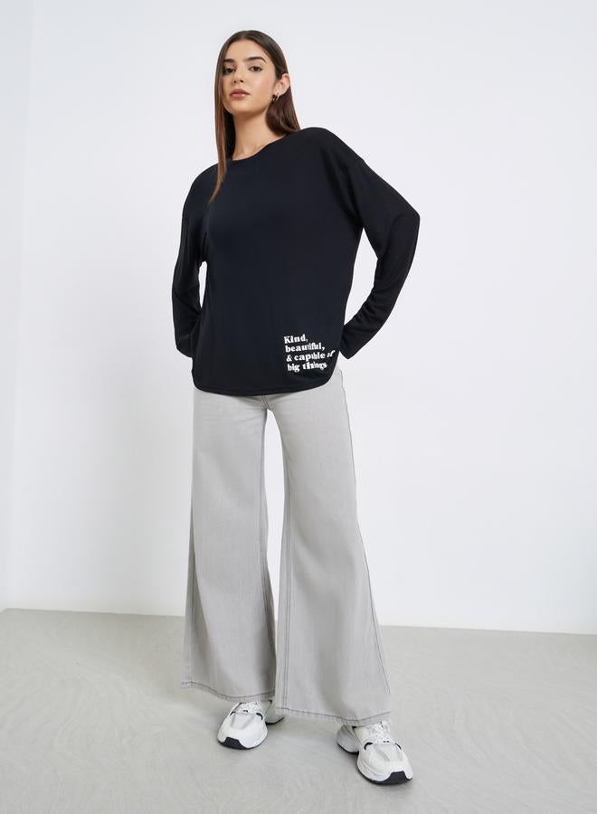 Styli Women Black Slogan Print Long Sleeve T-Shirt - Image 2
