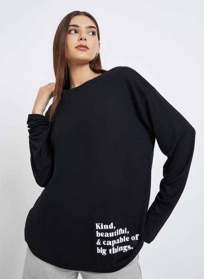 Styli Women Black Slogan Print Long Sleeve T-Shirt - Image 1