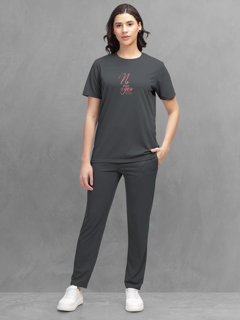 HELLCAT Trendy Printed/Solid T Shirt with Pants Lounge Wear/Coords/Clothing Set for Women_Grey_Large - Image 2