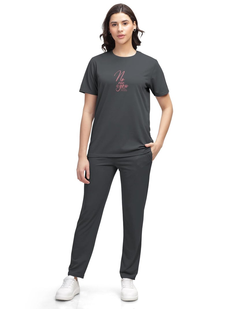 HELLCAT Trendy Printed/Solid T Shirt with Pants Lounge Wear/Coords/Clothing Set for Women_Grey_Large - Image 5