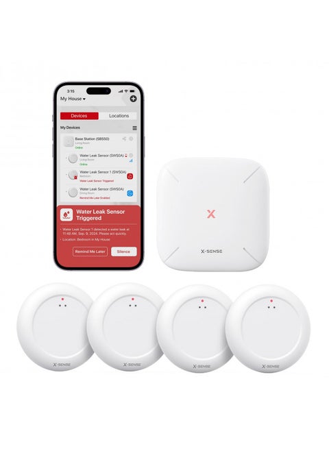 X-Sense Wi-Fi Water Leak Detector Kit, Smart Water Sensor Alarm with App Alerts and Ultra-Slim Design, Water Alarm Leak Detector for Basements, 4 Water Sensors and 1 Base Station, Model SWS0A41