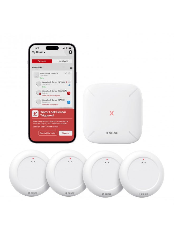 Generic - X-Sense Wi-Fi Water Leak Detector Kit, Smart Water Sensor Alarm with App Alerts and Ultra-Slim Design, Water Alarm Leak Detector for Basements, 4 Water Sensors and 1 Base Station, Model SWS0A41 - Image 1