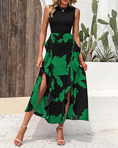 BTFBM Women Casual Sleeveless Summer Dresses 2025 Spring Crewneck Patchwork Boho Floral Ruffle Cocktail Party Midi Dress(Big Floral Green, Medium) - Image 3