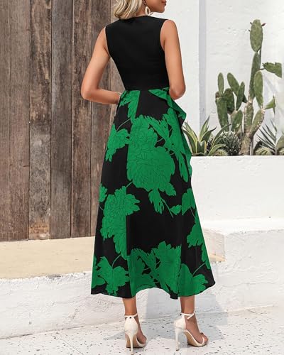 BTFBM Women Casual Sleeveless Summer Dresses 2025 Spring Crewneck Patchwork Boho Floral Ruffle Cocktail Party Midi Dress(Big Floral Green, Medium) - Image 5