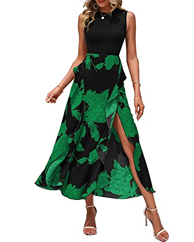 BTFBM Women Casual Sleeveless Summer Dresses 2025 Spring Crewneck Patchwork Boho Floral Ruffle Cocktail Party Midi Dress(Big Floral Green, Medium) - Image 1