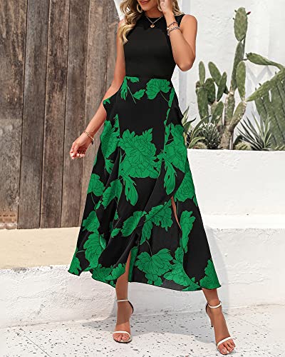 BTFBM Women Casual Sleeveless Summer Dresses 2025 Spring Crewneck Patchwork Boho Floral Ruffle Cocktail Party Midi Dress(Big Floral Green, Medium) - Image 2