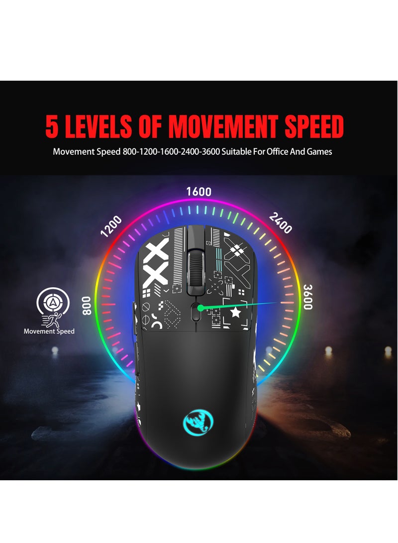 HXSJ Wired+2.4 G Wireless+BT5.3 Gaming Mouse, 1200/1600/2400/3600 DPI Adjustable Silent Mouse, 6 Keys and RGB Light Software Macro Programming for Gaming Work Black - Image 3