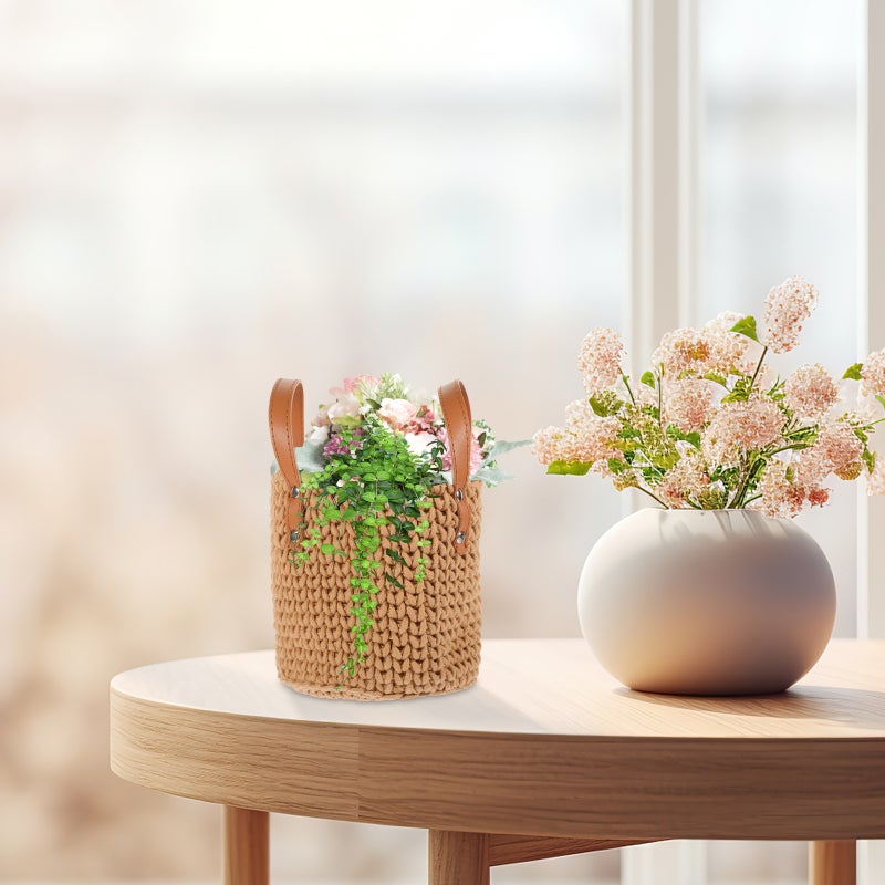 Cotton Rope Woven Storage Basket Desktop PU Handle Storage Basket Organizer - Image 4