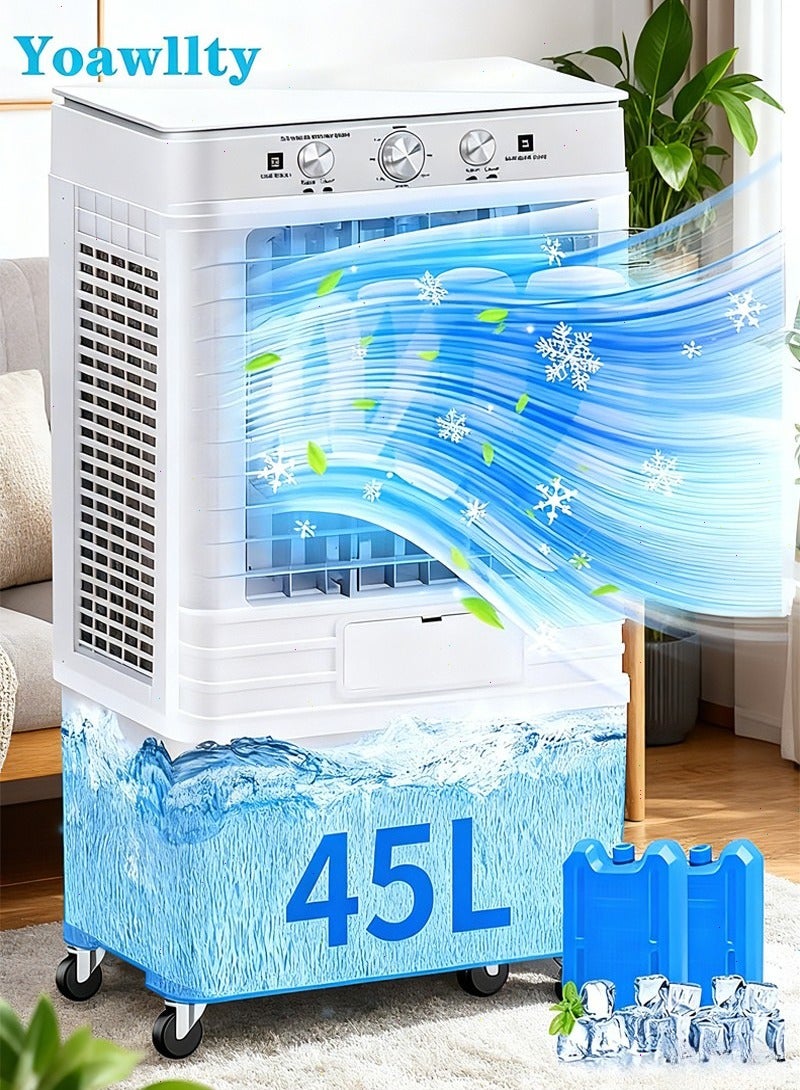 يواوليتي مبرد مياه سعة 45 لترًا، مروحة تبريد تبخيري مع صندوقين ثلج، 3 سرعات للرياح، تذبذب 120 درجة، للاستخدام الداخلي والخارجي، تحكم بمقبض، يمنع الجفاف - Image 1