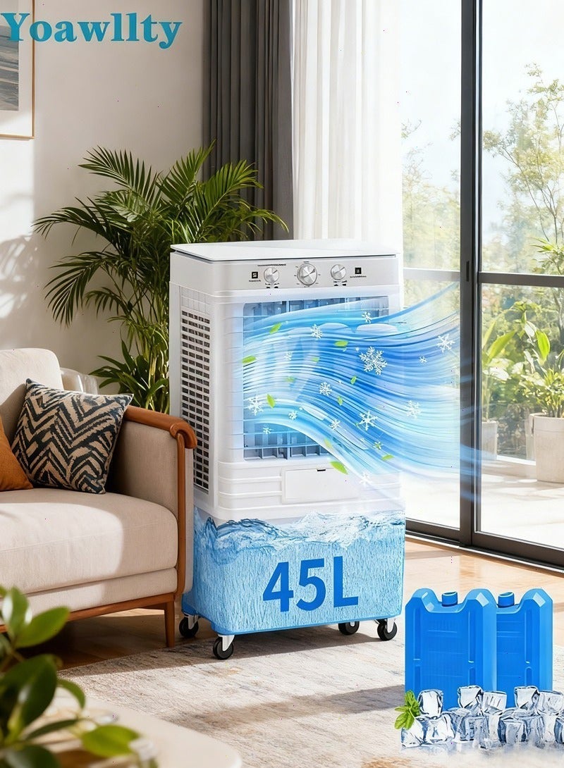 يواوليتي مبرد مياه سعة 45 لترًا، مروحة تبريد تبخيري مع صندوقين ثلج، 3 سرعات للرياح، تذبذب 120 درجة، للاستخدام الداخلي والخارجي، تحكم بمقبض، يمنع الجفاف - Image 4