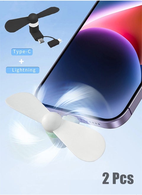 2 Piece Mini Cell Phone Fan Lightning and Type C 2 in 1 White and Black