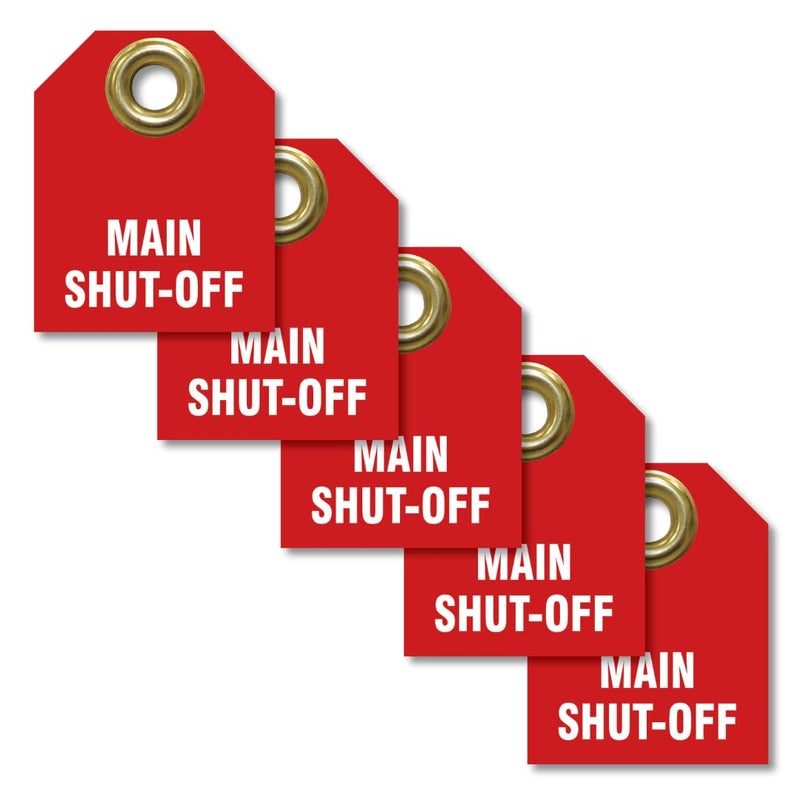 AccuformNMC Shut Off Valve Tags, Main Shut Off (Pack of 5), 2.5" H x 2" W, Red Plastic Double Sided Pipe Tags with Metal Grommet, TDW216 - Image 1