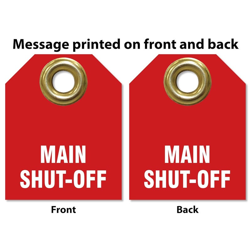 AccuformNMC Shut Off Valve Tags, Main Shut Off (Pack of 5), 2.5" H x 2" W, Red Plastic Double Sided Pipe Tags with Metal Grommet, TDW216 - Image 3