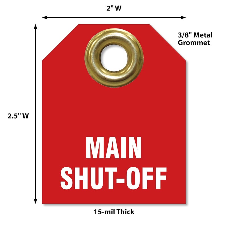 AccuformNMC Shut Off Valve Tags, Main Shut Off (Pack of 5), 2.5" H x 2" W, Red Plastic Double Sided Pipe Tags with Metal Grommet, TDW216 - Image 2