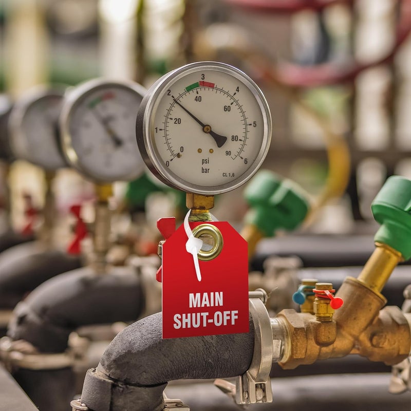 AccuformNMC Shut Off Valve Tags, Main Shut Off (Pack of 5), 2.5" H x 2" W, Red Plastic Double Sided Pipe Tags with Metal Grommet, TDW216 - Image 4