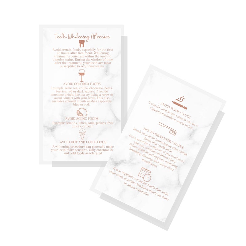 Boutique Marketing LLC Teeth Whitening Aftercare Instructions Cards 50 Pack Size 2x35 inch Business Card Wallet Sized Rose Gold on Marble Design 