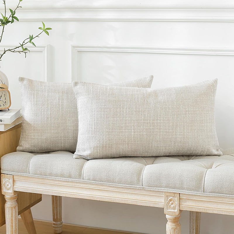 Otostar Pack of 2 Throw Pillow Covers 12x20 Inch Linen Beige Pillowcases Farmhouse Decorative Solid Pillow Covers 30x50 cm Lumbar Cushion Case for Home Decor Sofa Couch Bed (Beige) - Image 3
