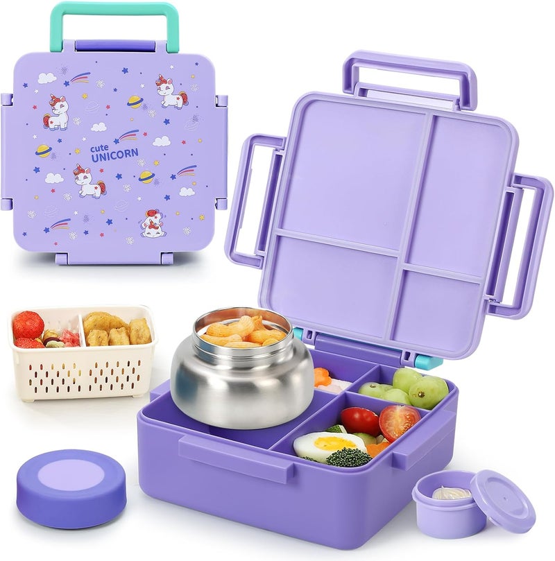 Norxely Bento Box for Kids with Thermos, [Large Capacity] Insulated Kids Lunch Box with 4 Compartment for Ages 3+, Drop-Proof & Dishwasher Safe Lunchbox Container Purple - Image 1