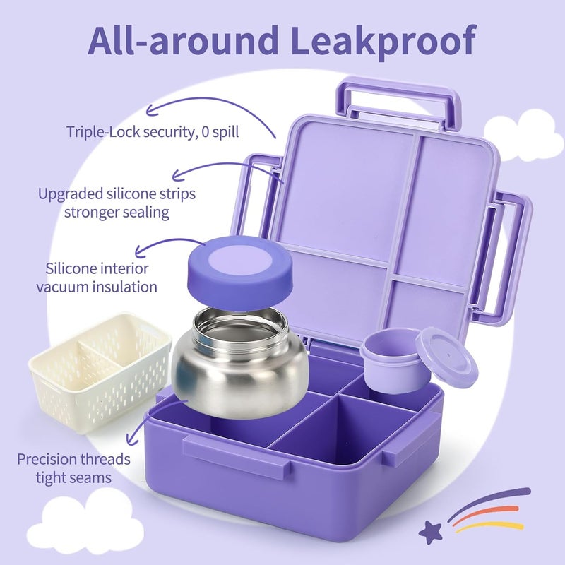Norxely Bento Box for Kids with Thermos, [Large Capacity] Insulated Kids Lunch Box with 4 Compartment for Ages 3+, Drop-Proof & Dishwasher Safe Lunchbox Container Purple - Image 4