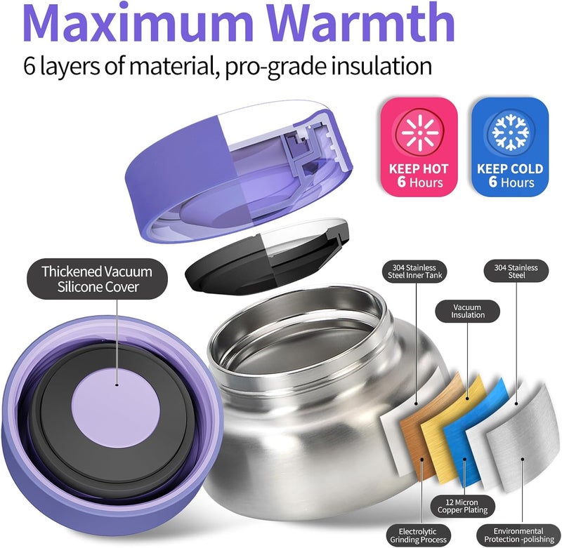 Norxely Bento Box for Kids with Thermos, [Large Capacity] Insulated Kids Lunch Box with 4 Compartment for Ages 3+, Drop-Proof & Dishwasher Safe Lunchbox Container Purple - Image 2