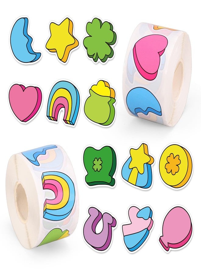 Whaline 1000 Pcs St. Patrick's Day Stickers Roll Lucky Charm Cartoon Shamrock Coin Horseshoe Self-Adhesive Decals for Scrapbook Journal Envelope Irish Holiday Decor, 12 Designs - Image 1