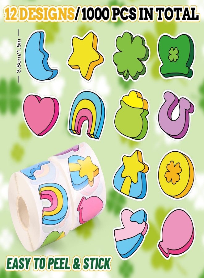 Whaline 1000 Pcs St. Patrick's Day Stickers Roll Lucky Charm Cartoon Shamrock Coin Horseshoe Self-Adhesive Decals for Scrapbook Journal Envelope Irish Holiday Decor, 12 Designs - Image 2