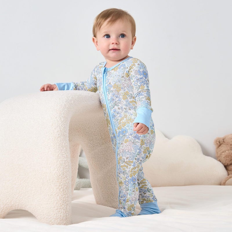 pureborn Baby Boys Girls Sleeper Viscose from Bamboo Pajamas 2-Way Zipper Snug Fit Sleepwear Blue Floral 3-6 Months - Image 3