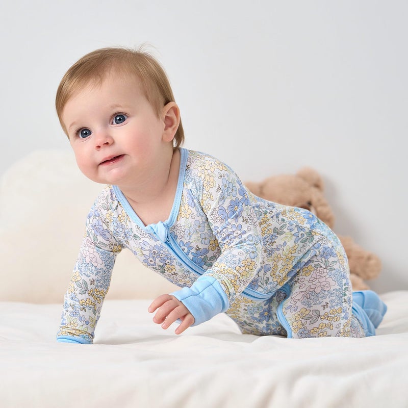 pureborn Baby Boys Girls Sleeper Viscose from Bamboo Pajamas 2-Way Zipper Snug Fit Sleepwear Blue Floral 3-6 Months - Image 2