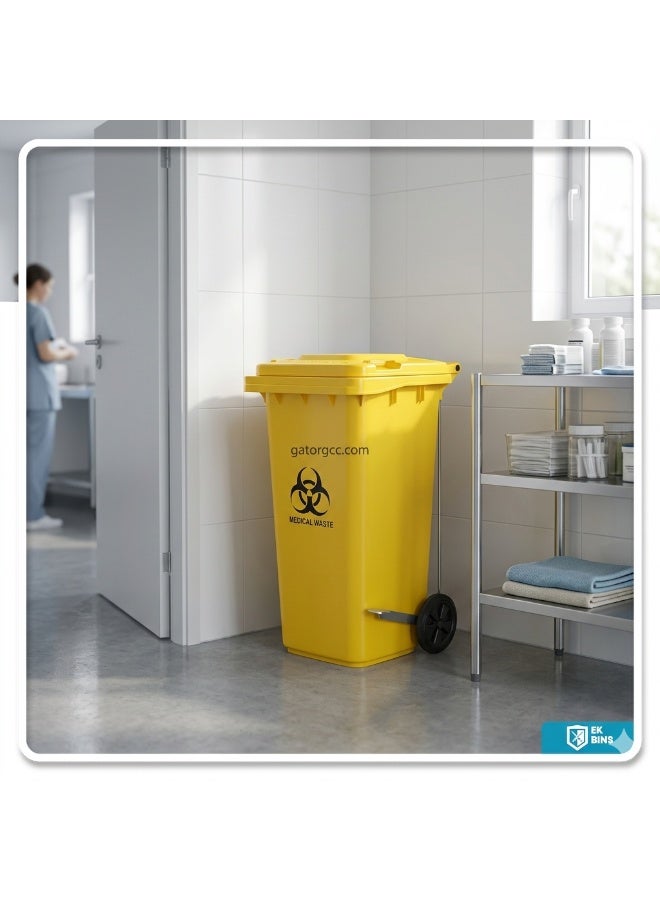 Gator Medical Waste Garbage Bin | Heavy Duty Plastic Waste Container | Side Pedal with Wheels | Outdoor Hospital Waste Bin | 240L | Yellow - Image 4