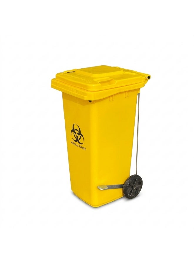 Gator Medical Waste Garbage Bin | Heavy Duty Plastic Waste Container | Side Pedal with Wheels | Outdoor Hospital Waste Bin | 240L | Yellow - Image 1