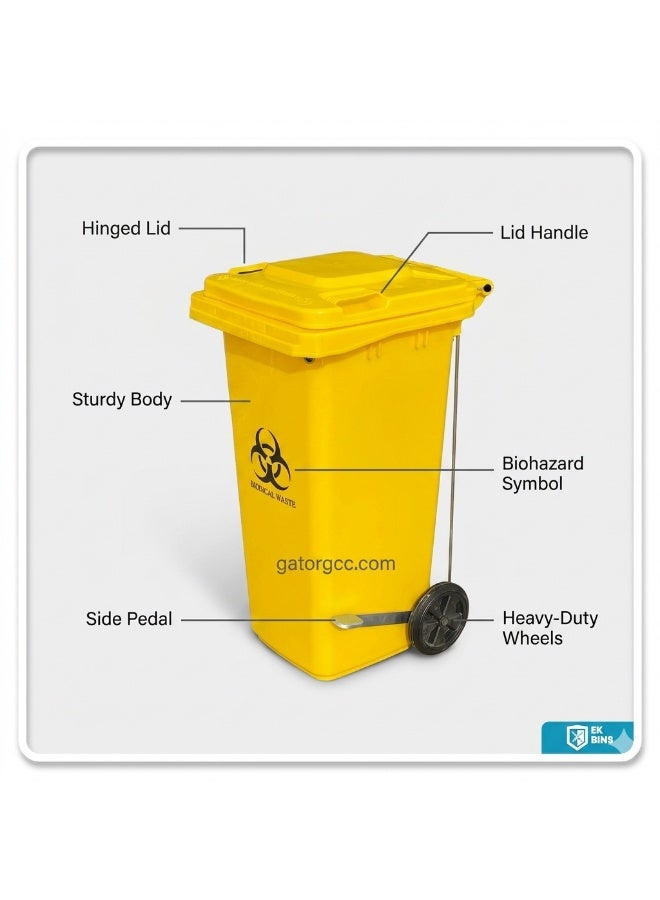 Gator Medical Waste Garbage Bin | Heavy Duty Plastic Waste Container | Side Pedal with Wheels | Outdoor Hospital Waste Bin | 240L | Yellow - Image 2