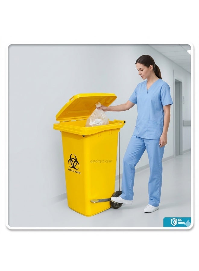 Gator Medical Waste Garbage Bin | Heavy Duty Plastic Waste Container | Side Pedal with Wheels | Outdoor Hospital Waste Bin | 240L | Yellow - Image 3