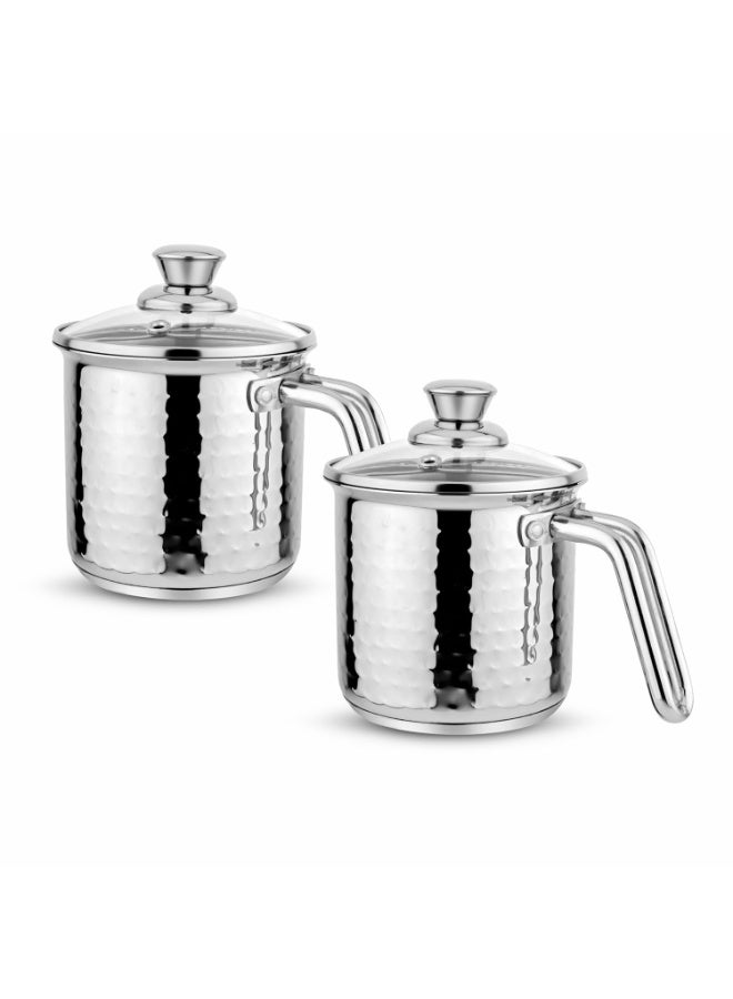 Prabha Stainless Steel Milk Pot with Handle 1L 2Pcs | Hammered Milk Boiler Glass Lid Steam Vent | Tea Container Water Boiling | Coffee/Milk Warmer, Even & Faster Heating | Induction & Gas Stove - Image 1
