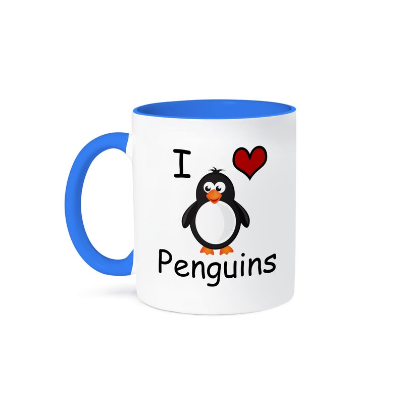 3dRose I love penguins Two Tone Mug, 11 oz, Blue/White - Image 1