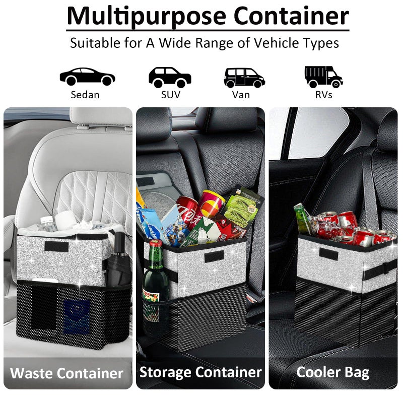 BAOGCOYO Cute Mini Car Trash Bag with Lid, Glitter Garbage Can Bin Hanging for Back/Front Seat/Console, Waterproof, Leakproof, 2.5 Gallon, Silver Bling Sparkly - Image 5