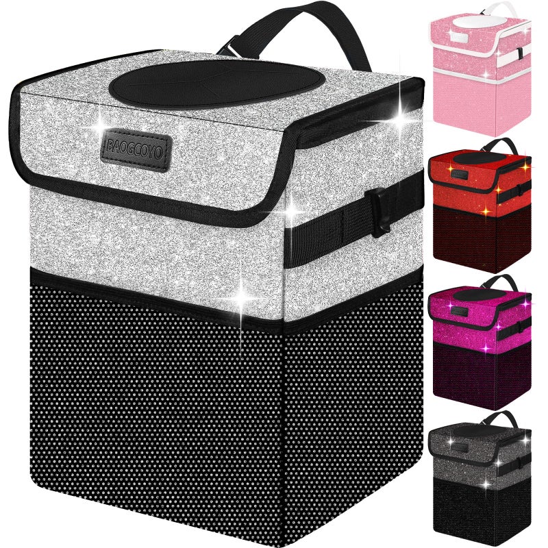 BAOGCOYO Cute Mini Car Trash Bag with Lid, Glitter Garbage Can Bin Hanging for Back/Front Seat/Console, Waterproof, Leakproof, 2.5 Gallon, Silver Bling Sparkly - Image 1