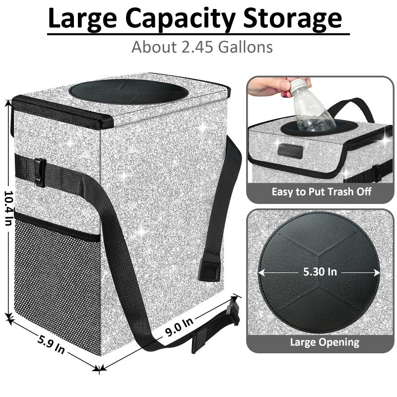 BAOGCOYO Cute Mini Car Trash Bag with Lid, Glitter Garbage Can Bin Hanging for Back/Front Seat/Console, Waterproof, Leakproof, 2.5 Gallon, Silver Bling Sparkly - Image 2
