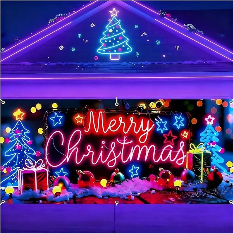 UV Activated Glow In The Dark Christmas Garage Door Banner 16x7ft Holiday Party Decoration - Image 1