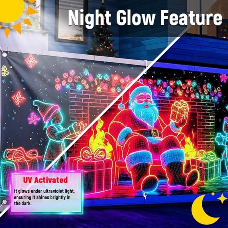 UV Activated Glow In The Dark Christmas Garage Door Banner 16x7ft Holiday Party Decoration - Image 3