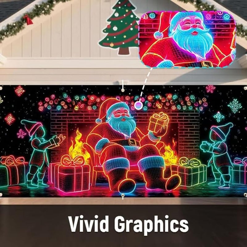 UV Activated Glow In The Dark Christmas Garage Door Banner 16x7ft Holiday Party Decoration - Image 2