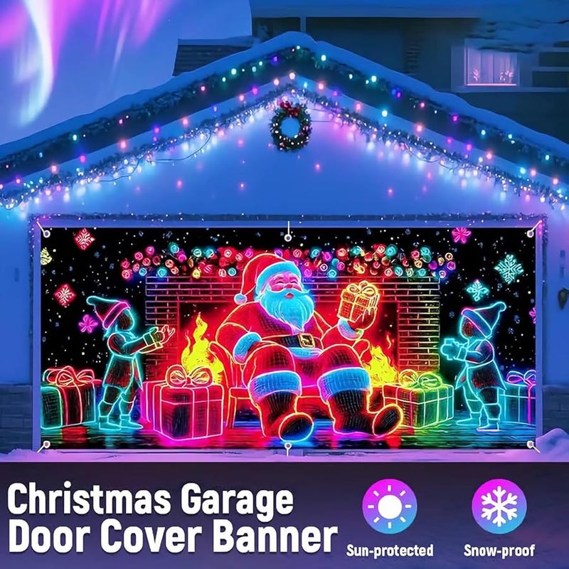 UV Activated Glow In The Dark Christmas Garage Door Banner 16x7ft Holiday Party Decoration - Image 4