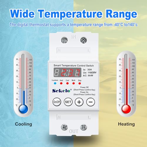 Sekelo High-Power Temperature Control Switch, Rail-Mounted Digital Thermostat with Real-Time LCD Display for Heating & Cooling, 63A 110/220V, -40°C to 140°C, Ideal for Greenhouses, Aquaculture,Boilers - Image 2