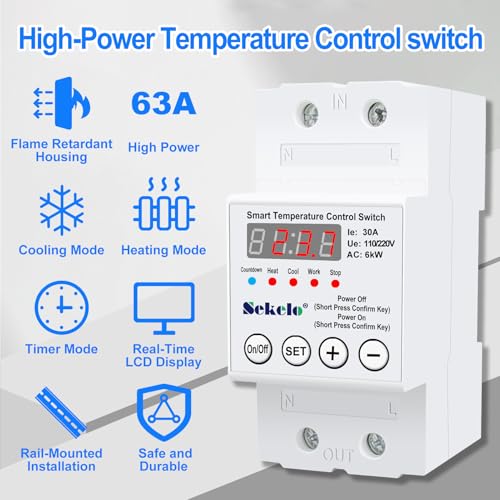 Sekelo High-Power Temperature Control Switch, Rail-Mounted Digital Thermostat with Real-Time LCD Display for Heating & Cooling, 63A 110/220V, -40°C to 140°C, Ideal for Greenhouses, Aquaculture,Boilers - Image 3